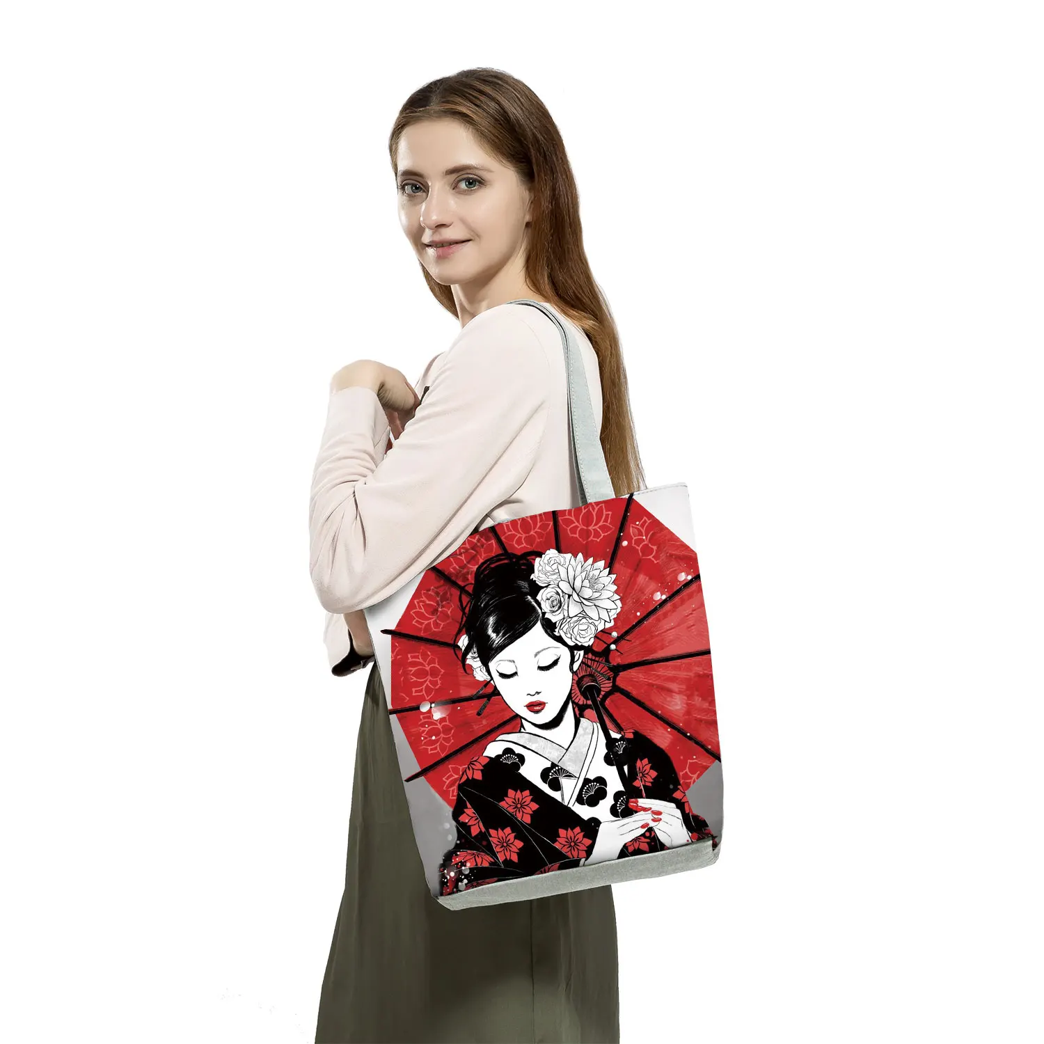 Ukiyo-e Design Print Women\'s Handbags Japanese Style Casual Shoulder Bag High Capacity Travel Beach Tote Reusable Shopping Bags