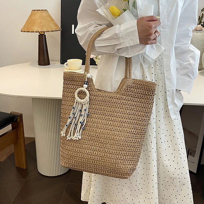 

New Women Straw Tote Bag Evil Eye Tassel Woven Handbag Summer Beach Shoulder Bag for Daily Vacation Travel Shopping Casual Trip