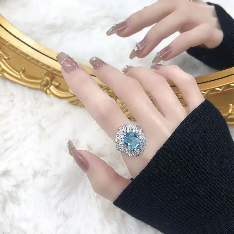 925 sterling silver high-end light sea blue color precious women's ring with adjustable opening, light luxury exquisite jewelry