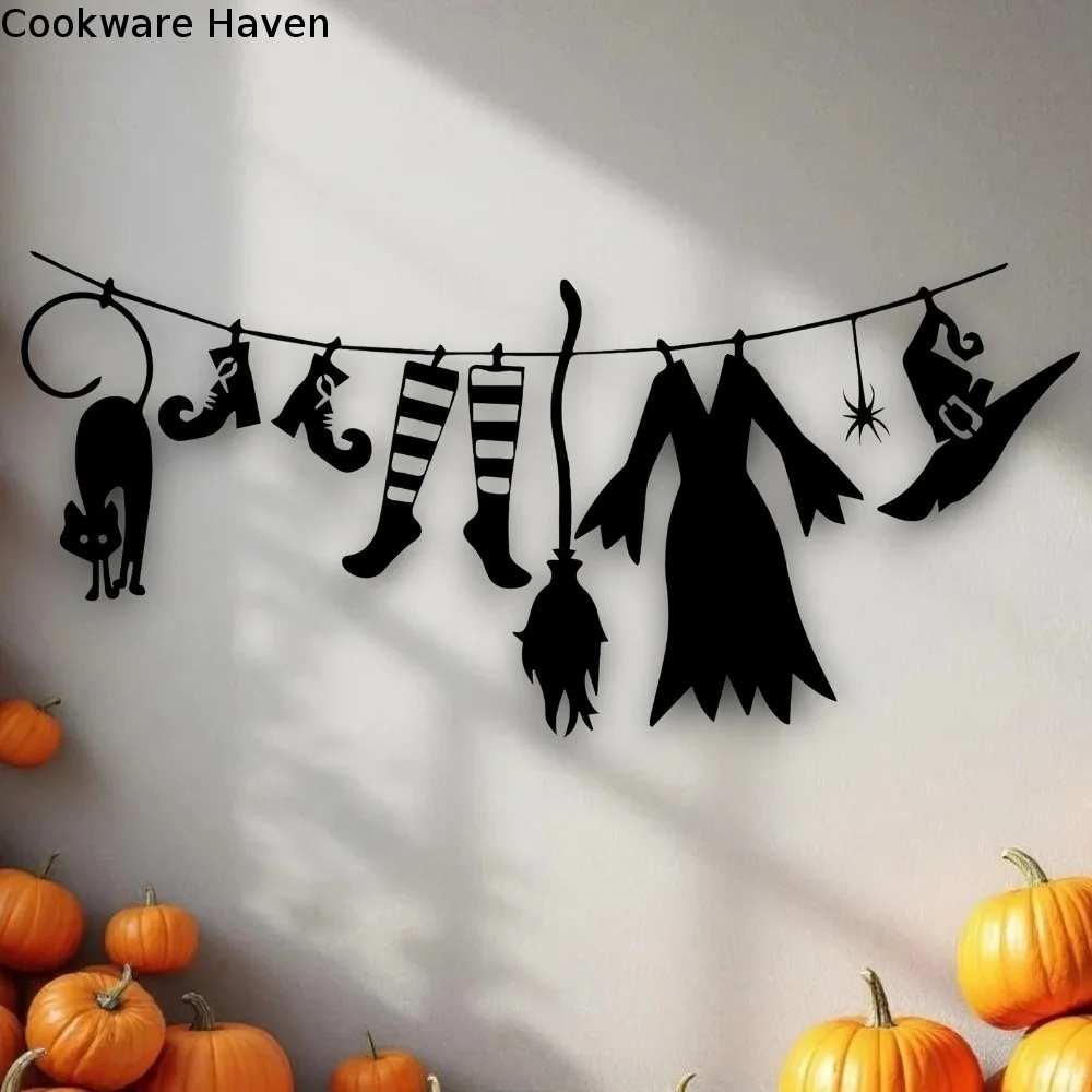 Acrylic Halloween Witch Hat Wall Art Black Cat Spider Witch Broom Witch Cloak Hat Party Bunting Funny Minimal