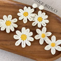 Minar 2026 Summer New White Color Rattan Knit Daisy Sunflower Long Pendant Drop Earrings for Women Statement Holiday Jewelry