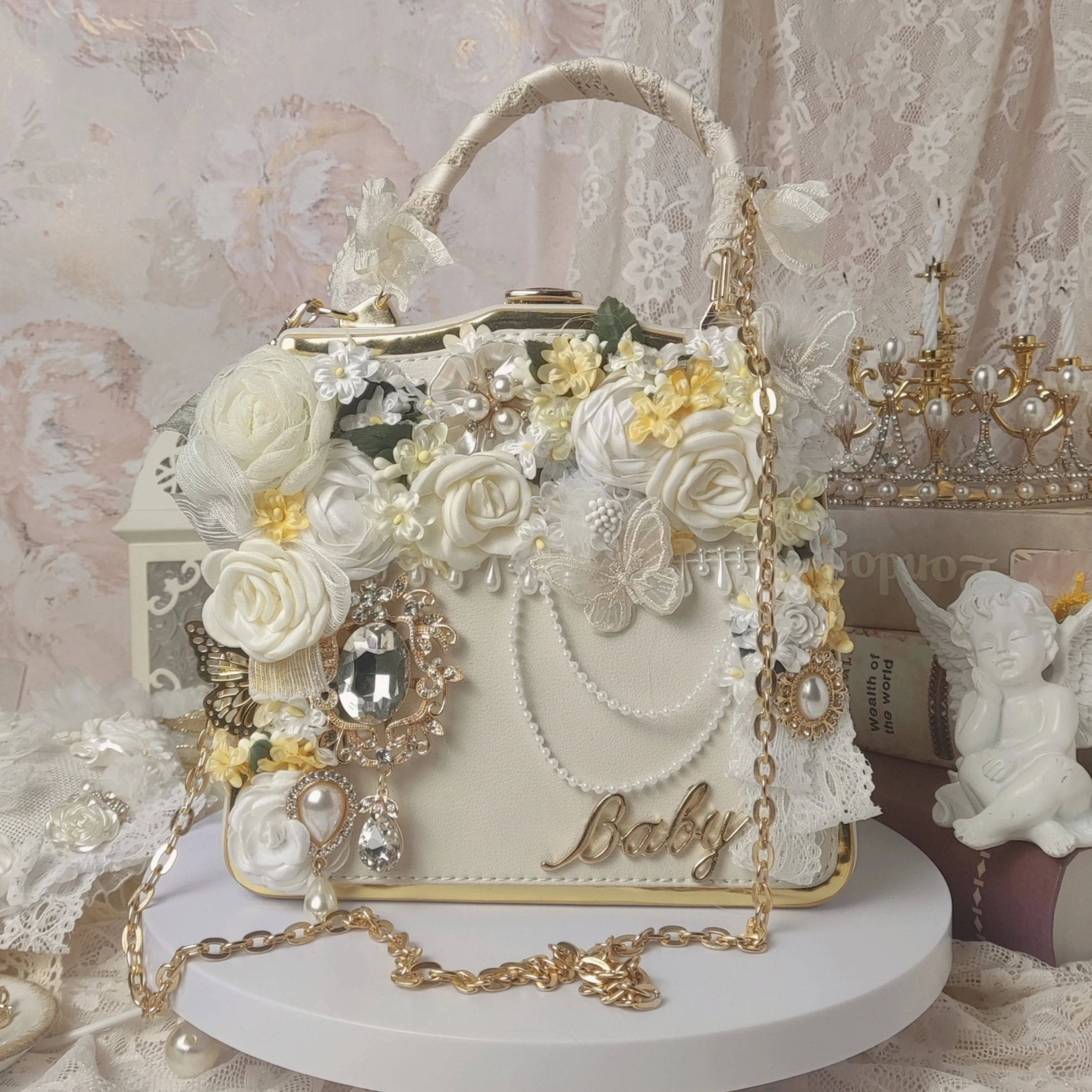 Donna ragazza Lolita borse Vintage cartelle fiori papillon imitazione perla borsa a tracolla borse a tracolla nastro catena di pizzo di lusso