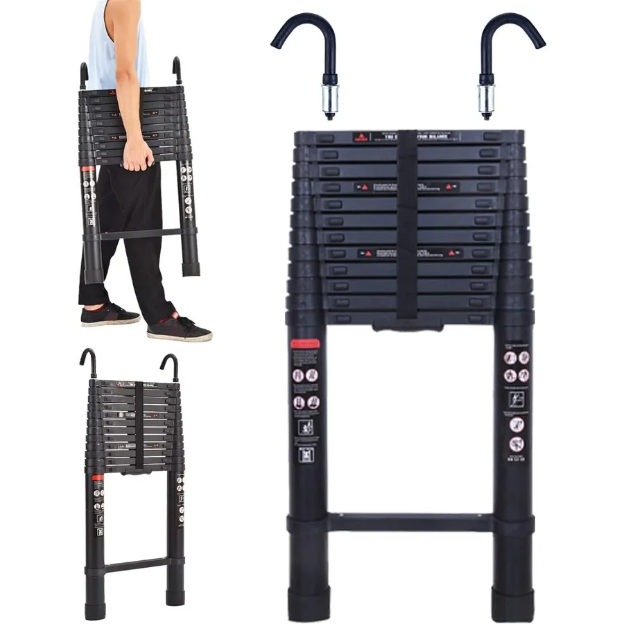 Scala di estensione telescopica telescopica da 16,5 piedi Scala leggera allungabile nera in alluminio per tetto Loft Soffitta Parete RV Interio
