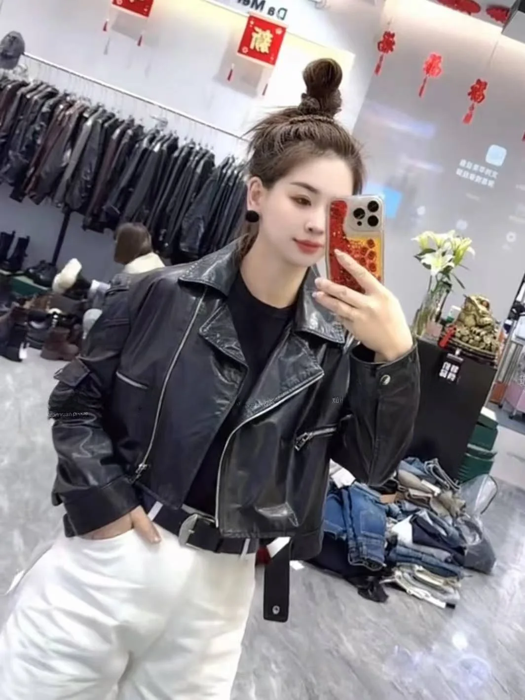 

European Sle ort Genuine Leather Jaet Women's Biker Coat Oil Wax Leather Slimming Retro Faionable Zipper Closure