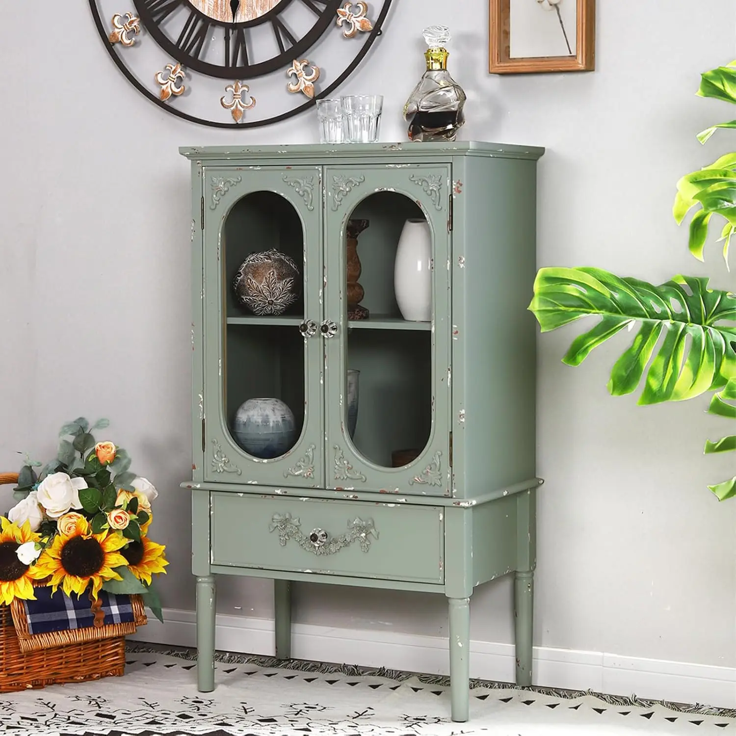 Rattan Buffet Cabinet Set of 2, Accent Sideboard Storage Cabinet with Adjustable Shelves, Boho Credenza Console Table