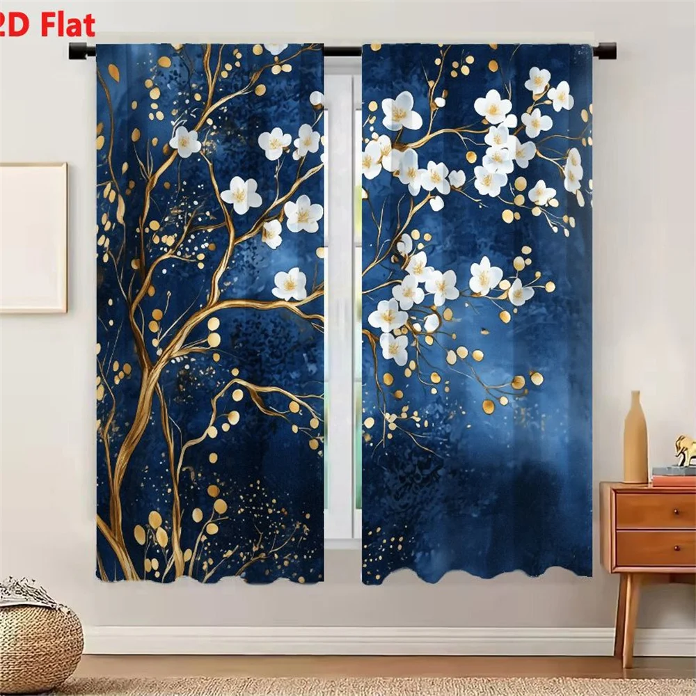 2Pcs Curtains 2D Flat Elegant Whimsical Golden Tree With White Flowers Yellow Centers Deep Blue Textured Background Dreamy Ether