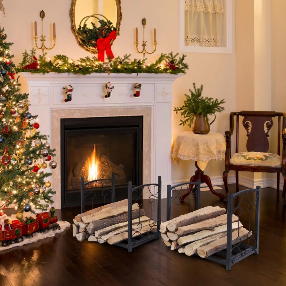 رف سجل الحطب الداخلي/الخارجي - حامل تخزين الموقد الفولاذي من خشب النار