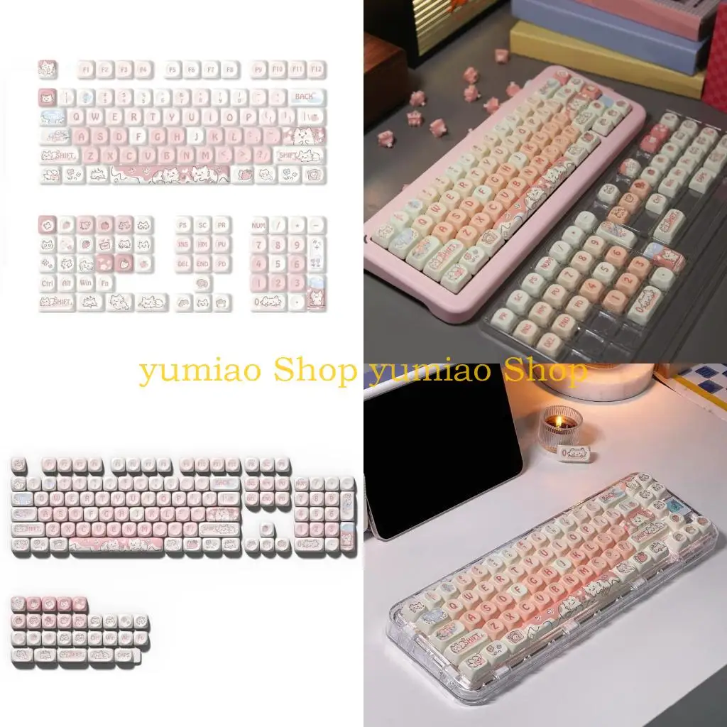

587B MOA Height Keycaps 132Piece Heat Sublimated Color Strawberry Kitten Keycaps Set Customization for Mechanical Keyboards