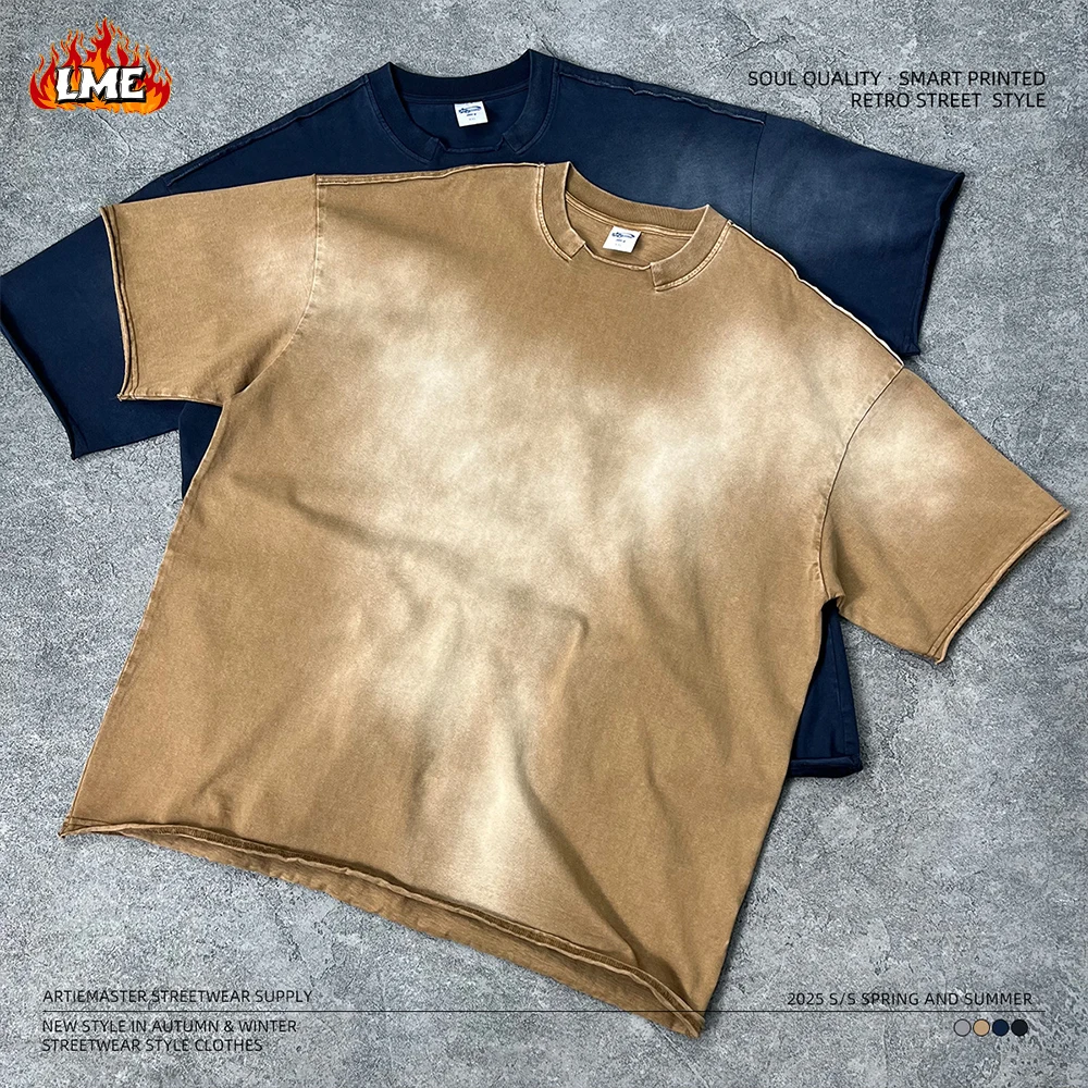 

American Style Trendy Damaged Collar Loose Edges Spray Dyed Vintage Acid Washed Oversized Streetwear T Shirt for Men
