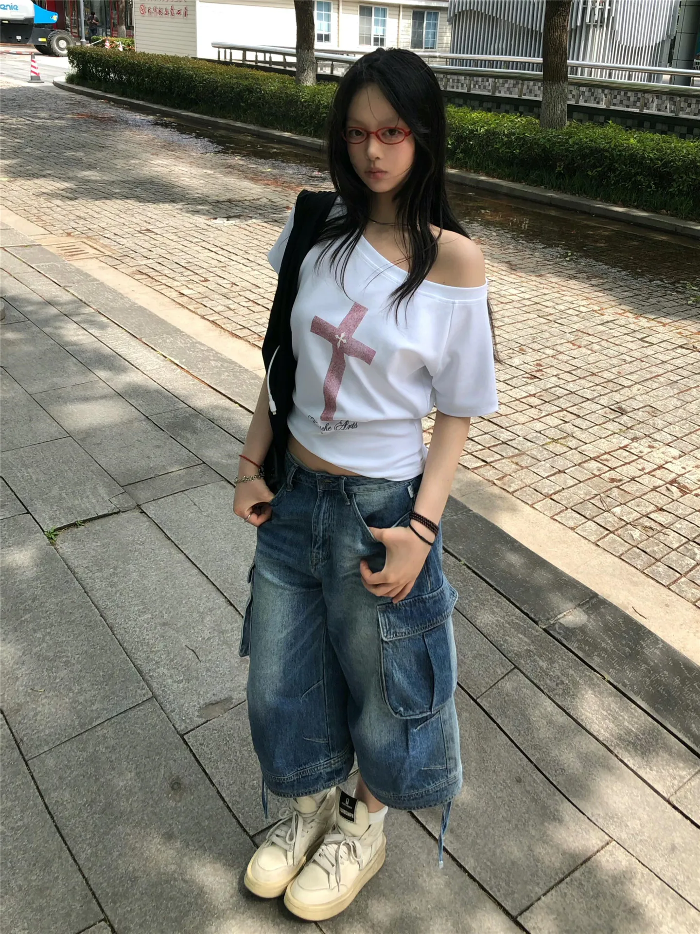

American Street Style Millennium Low Waist Workwear Seven-Foot Denim Shorts Women Summer Loose Slim Multi-Pocket Jeans