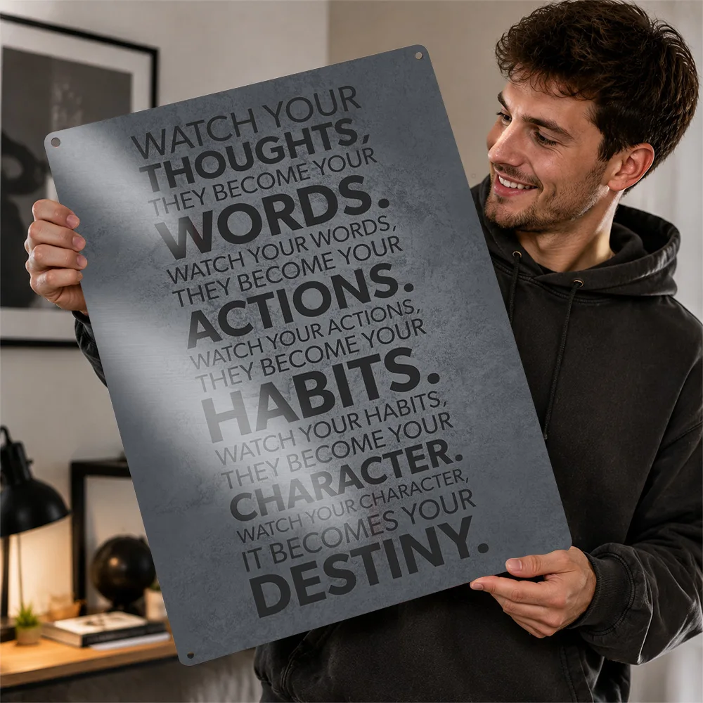 Watch Your Thoughts Words Personalized 3D Textured Metal Poster Wall Art Tinplate Sign for Vintage Retro Decoration Room Bedroom