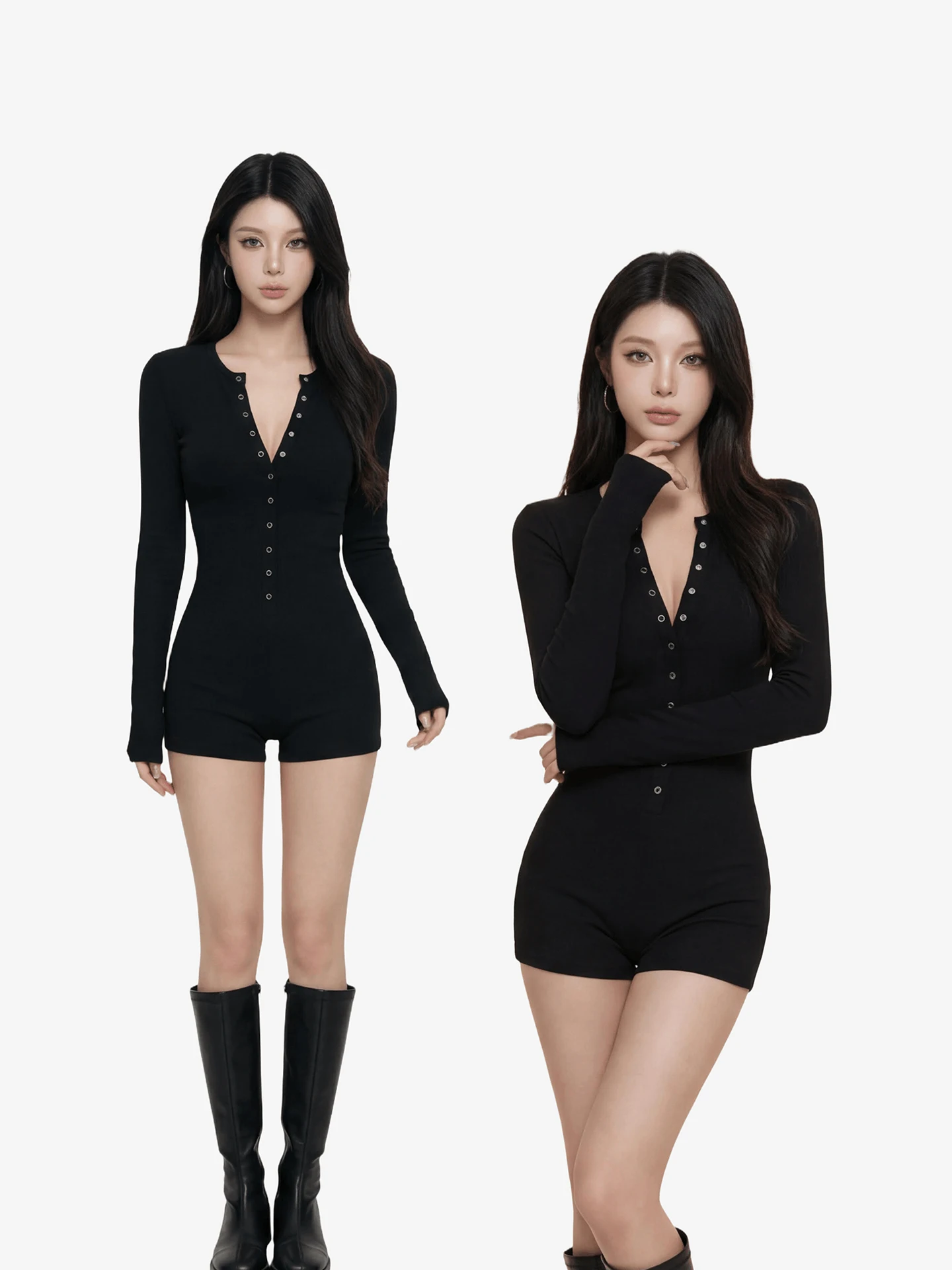 

Korean Sle Hot Girl V-ne Long Sve Onesie Women's Spring Faion Slimming High Waist ort Pants Commute Sle Button D...