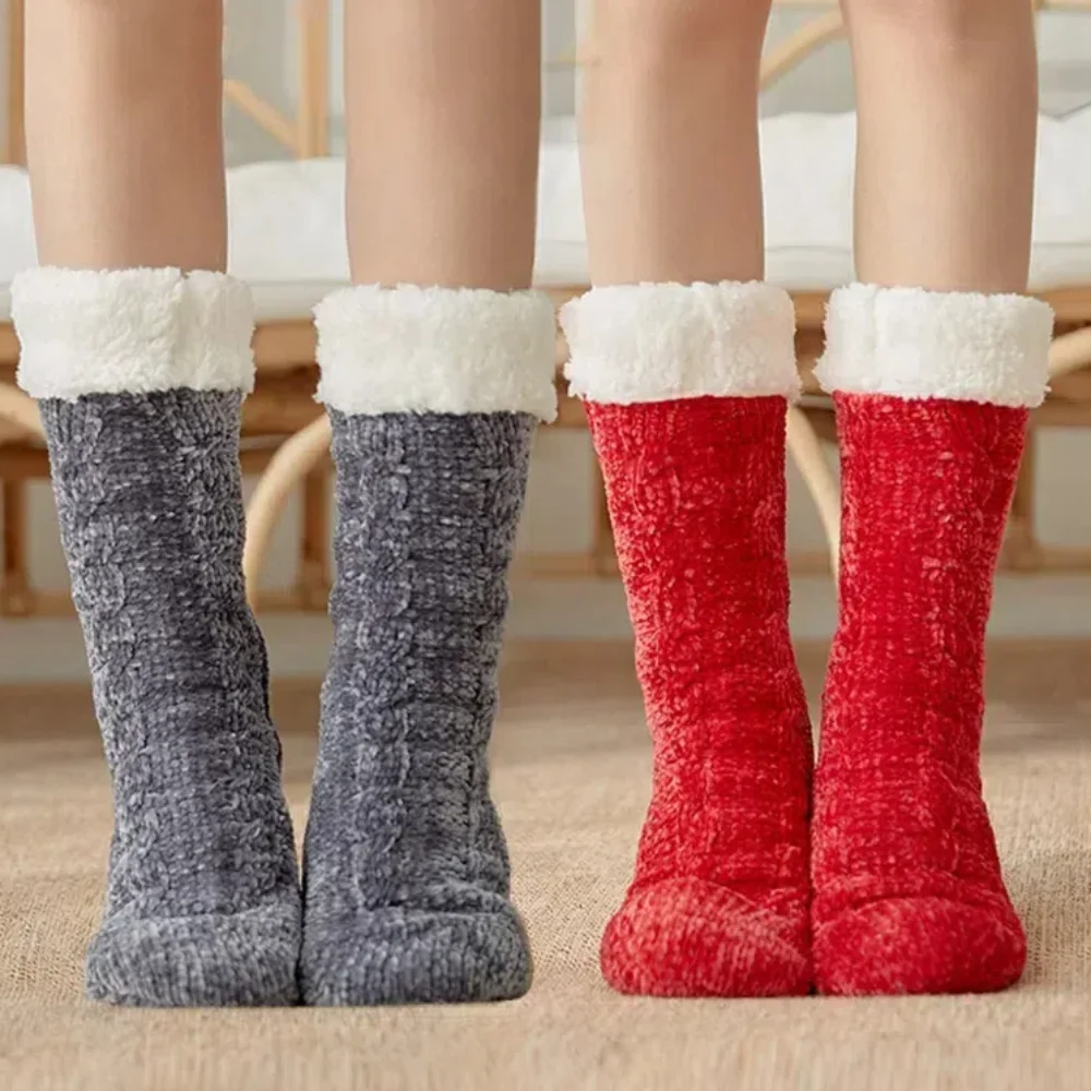 Soft Velvet Thicken Thermal Socks Warm Anti Slip Sleeping Socks Women Fluffy Knitted Fleece Floor Socks Indoor