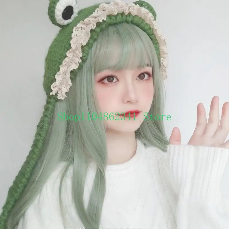 652F All-match Knitted Hat Little for Frog LaceBeanie Hat Woolen Hat Ear Protect Head