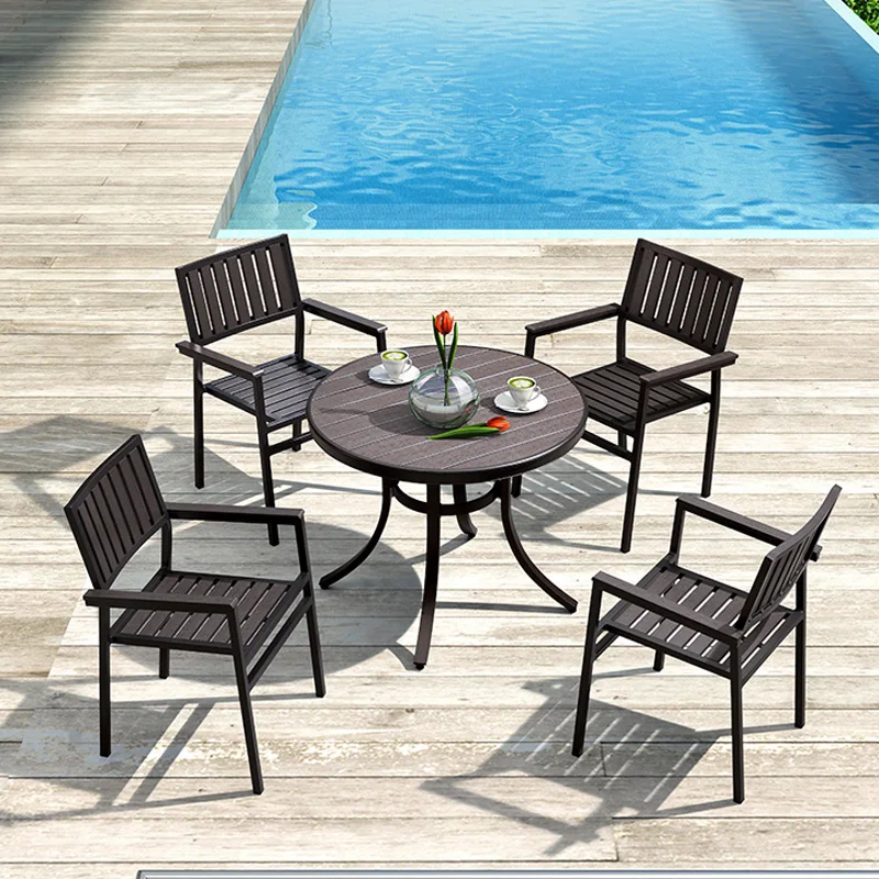 Outdoor plastic wood tables and chairs leisure chair combination outdoor coffee shop milk tea shop commercial dining chair outsi