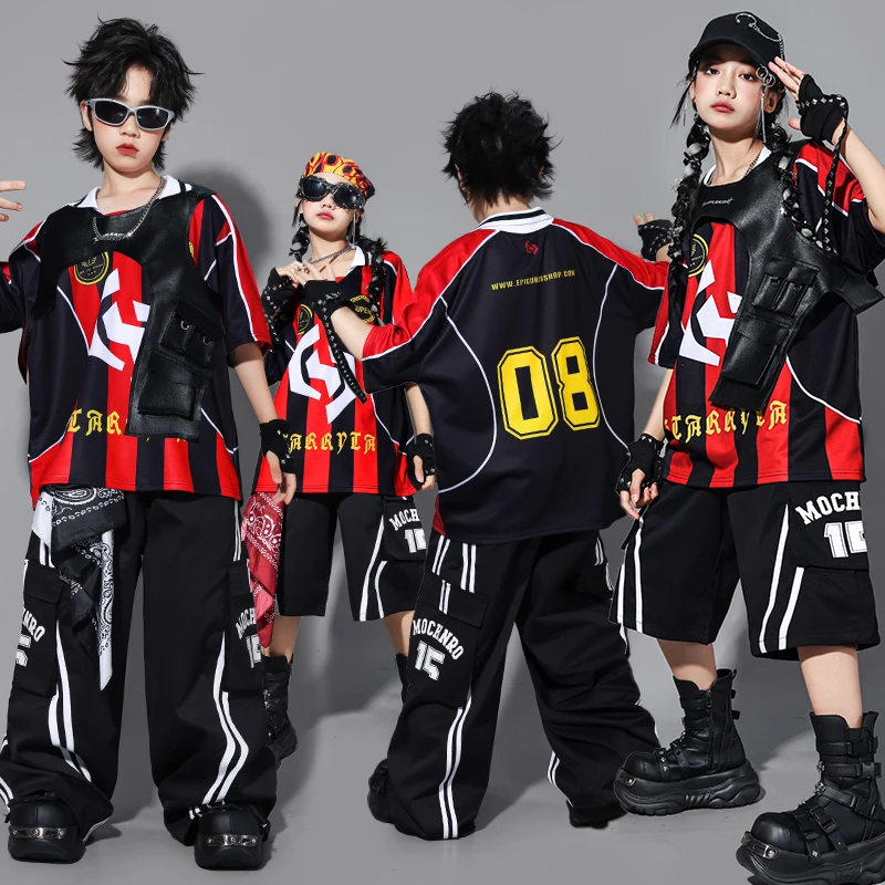 Meninos hip hop outfits azul contraste camiseta calças de carga meninas dança de rua jazz traje crianças roupas k-pop streetwear