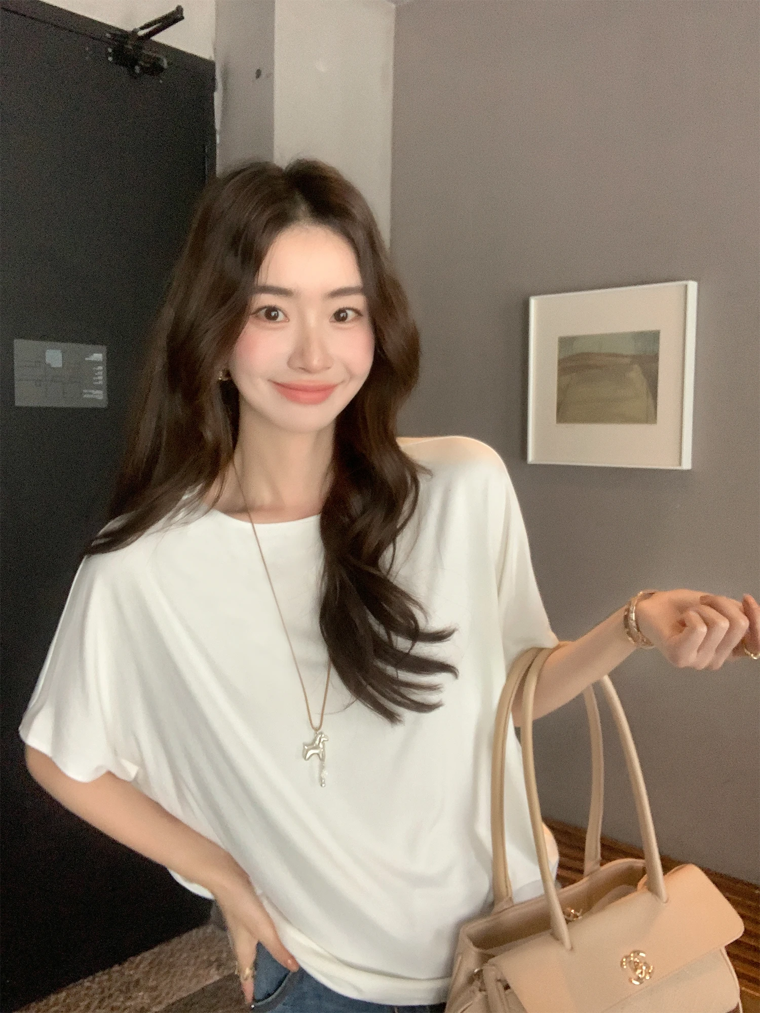 Pusumede Comfortable Aesthetic Loose Batwing Sleeve T-Shirt Women's Draped Simple Knitted Short Sleeve Top Casual Style