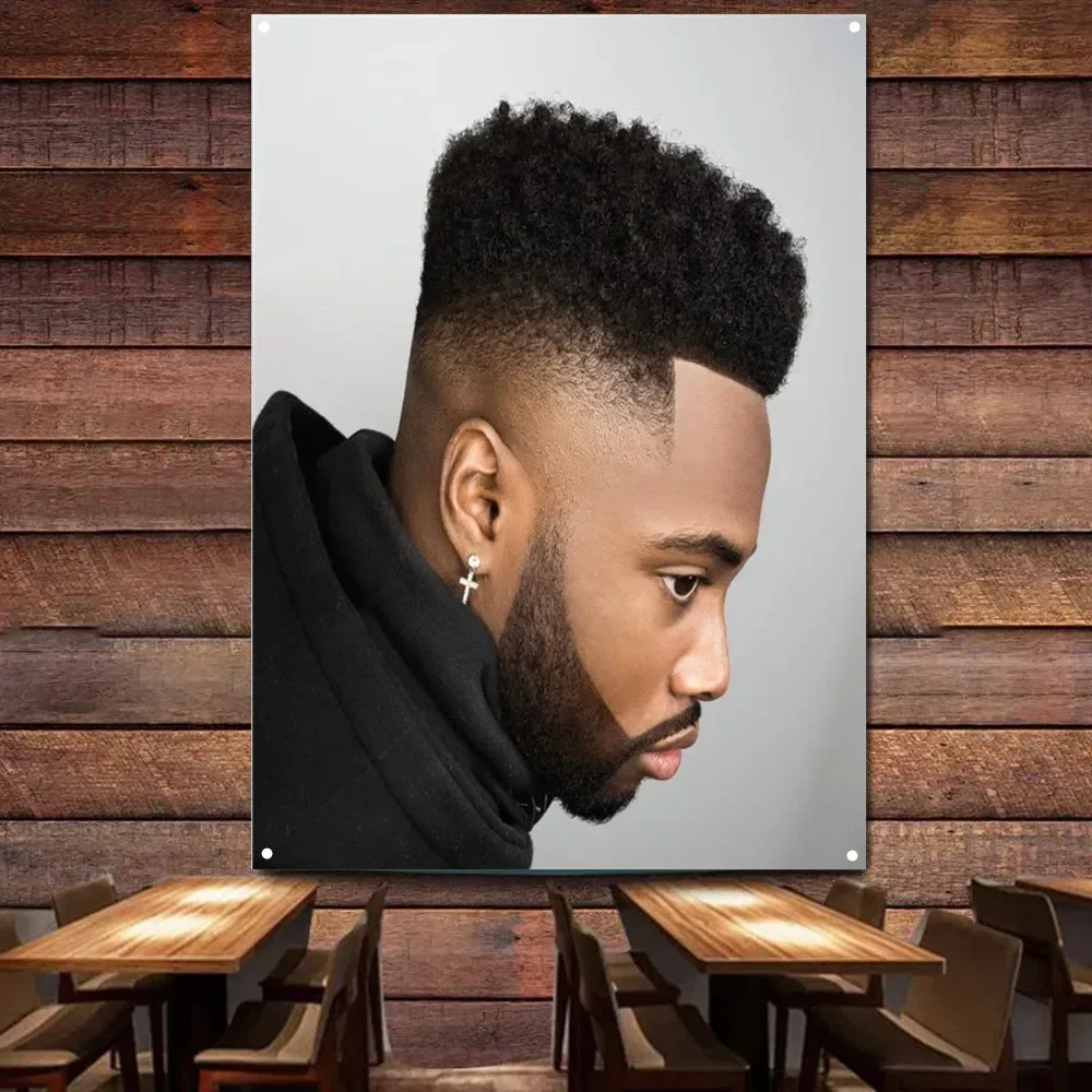 High top fade haircut for Black Men Poster - Haircut & Shave Service Wall Art Tapestry Barber Shop Wall Decor Banner & Flag