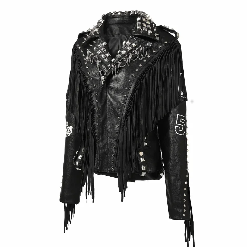 PU Leather Jacket for Women Short Fashion Designer Punk Rivets Chain Moto & Biker Jackets Streetwear Fringed Coats ceketler