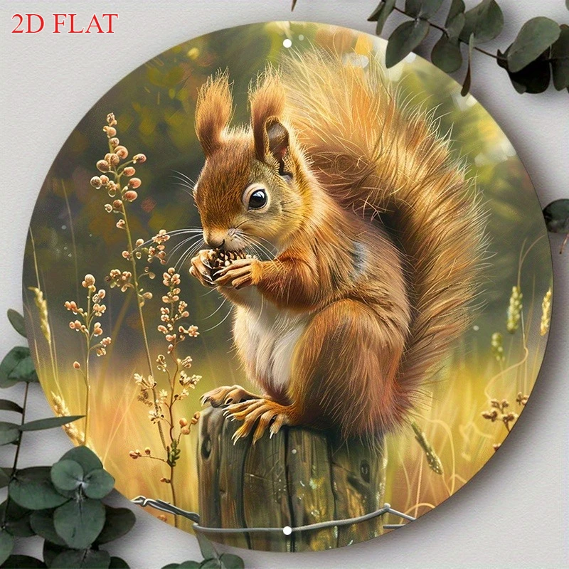 2D Flat - 2D Plane - One Rust-Resistant Aluminum Metal Wall Art Sign - 20.32X20.32 cm Round Squirrel And Red Berry Forest Scene,
