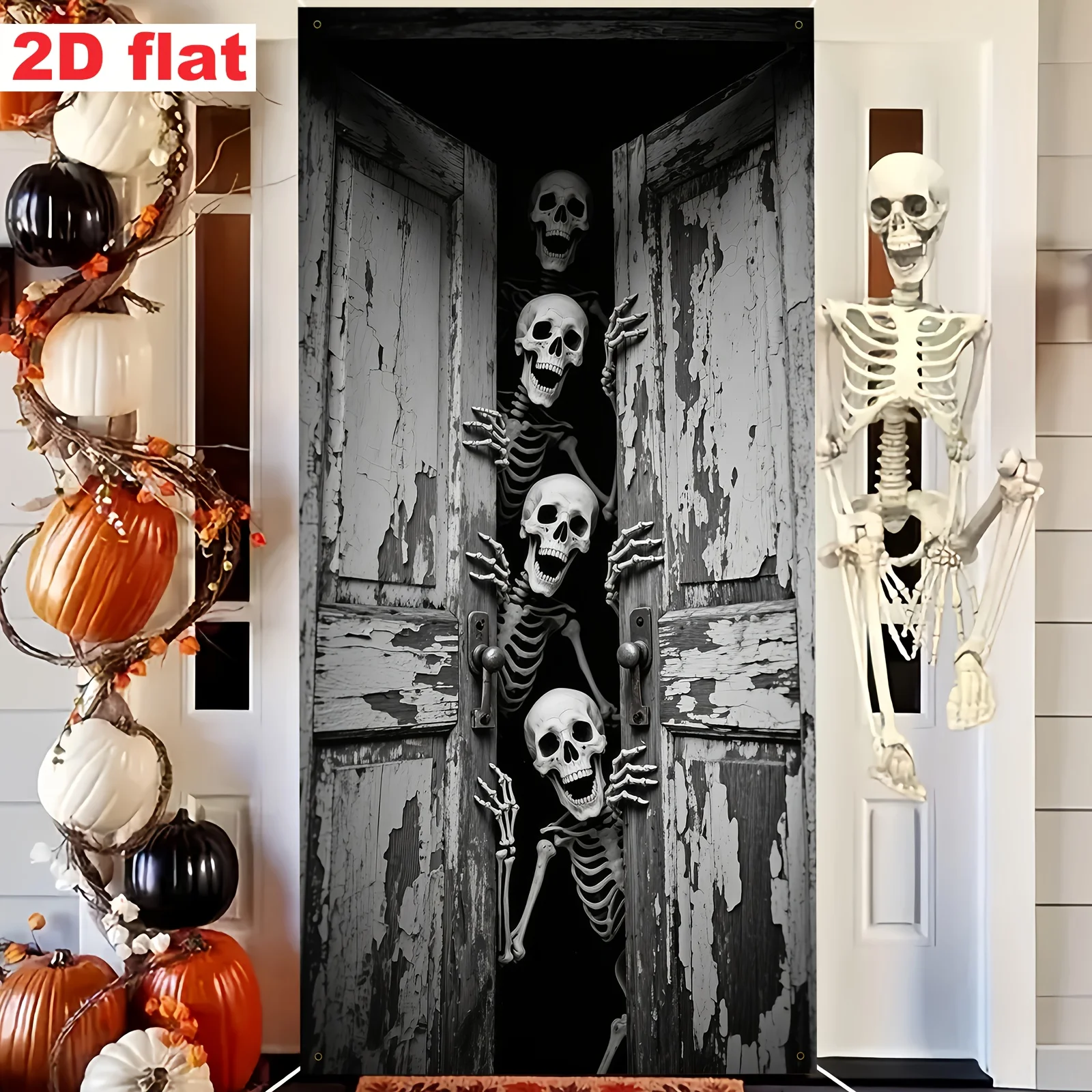 لافتة حفلة مسطحة ثنائية الأبعاد، ديكور إطار باب الهالوين - نمط رعب، تصميم مع مجموعة من الهياكل العظمية التي تفتح الباب.