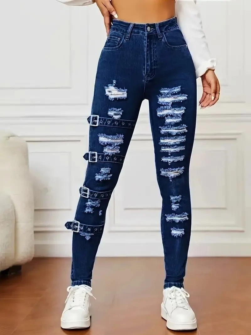 

Женские темно-синие рваные джинсы с пряжкой на ремне; облегающие, эластичные, модные джинсы со средней посадкой.