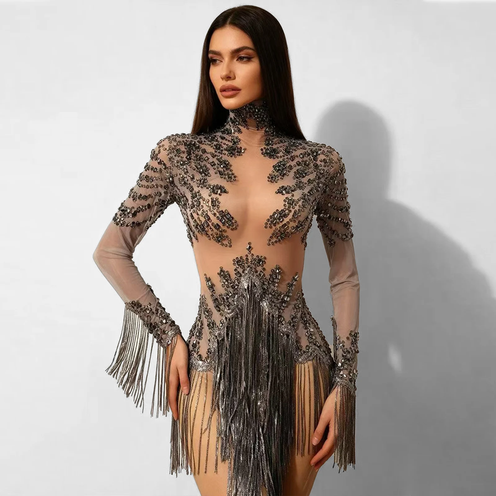 

Sparkling Sequin Stage Performance Seethrough Tassel Jumpsuit Birthday Party Latin Dance Nightclub Dj Singer Drag Queen Costume