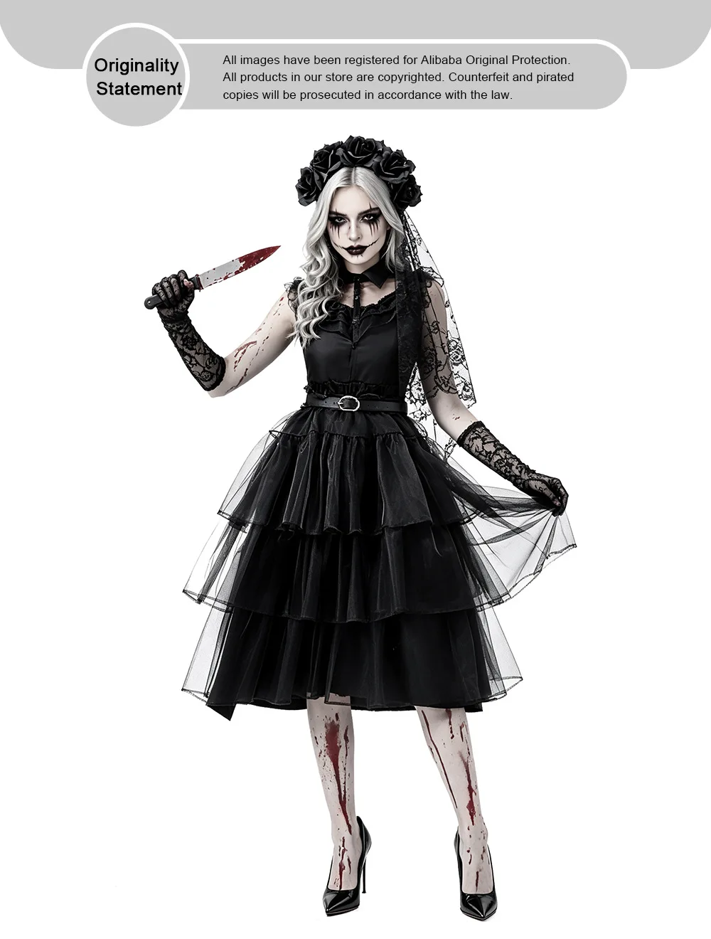 Damen Gothic Blutige Zombie-Braut Cosplay-Kleid mit Rosen-Schleier, Spitzenhandschuhen, Halloween, dunkler Horror, Bühnen-Rollenspiel, Kostüm – Detail 1