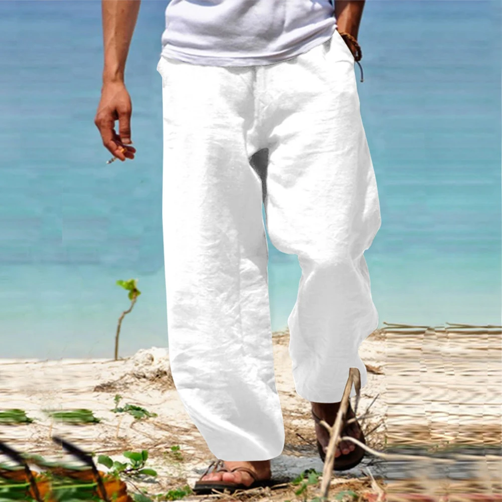 Men Summer Beach Loose Straight Pants Yoga Drawstring Elasticated Trousers Solid Color Casual Wear For Spring Autumn Winter