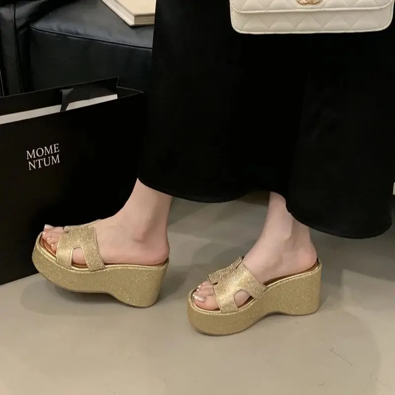 

Gold Heeled Sandals 9cm Wedges Shoes For Woman Rhinestone Platform Heels Slippers Summer Block Shoes Size 34 Sandales Femmes