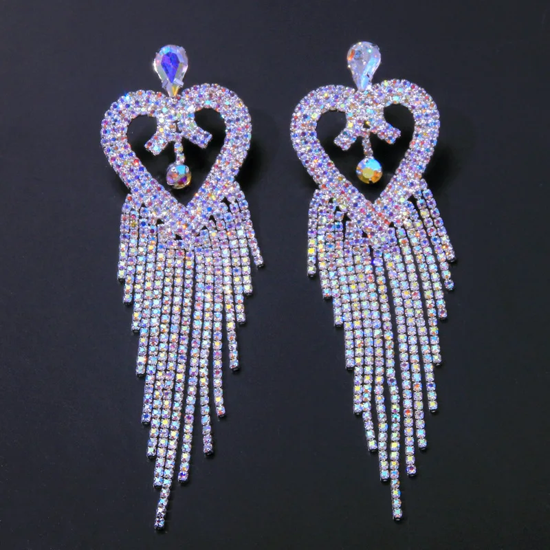 Cross-border accessories, fringed peach heart full diamond earrings Bohemian long earrings earrings