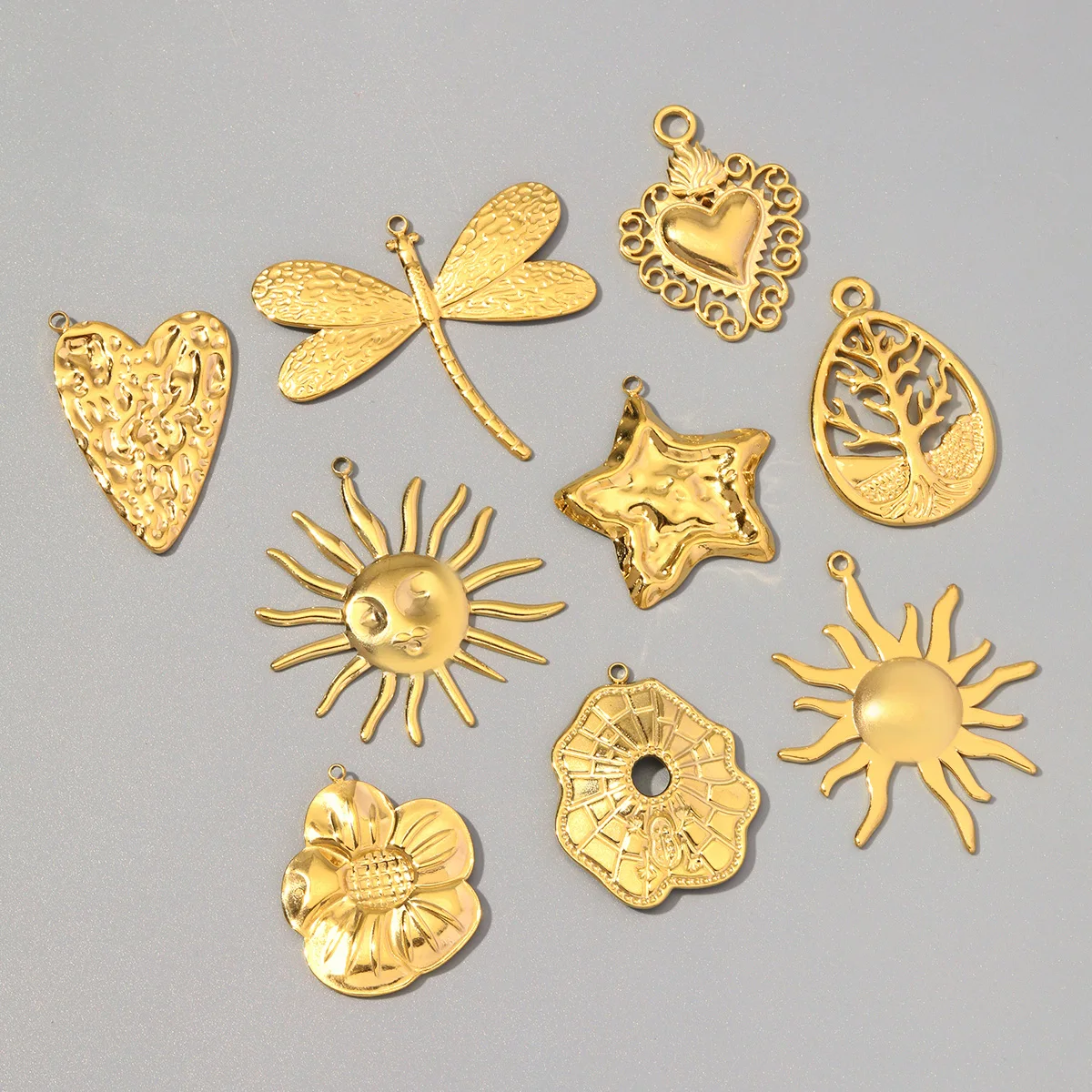 5 Stück/Set Großhandel Edelstahl Spinnennetz Herz DIY Anhänger Libelle Stern Halskette Anhänger Damen Blumen Sonnen Schmuck