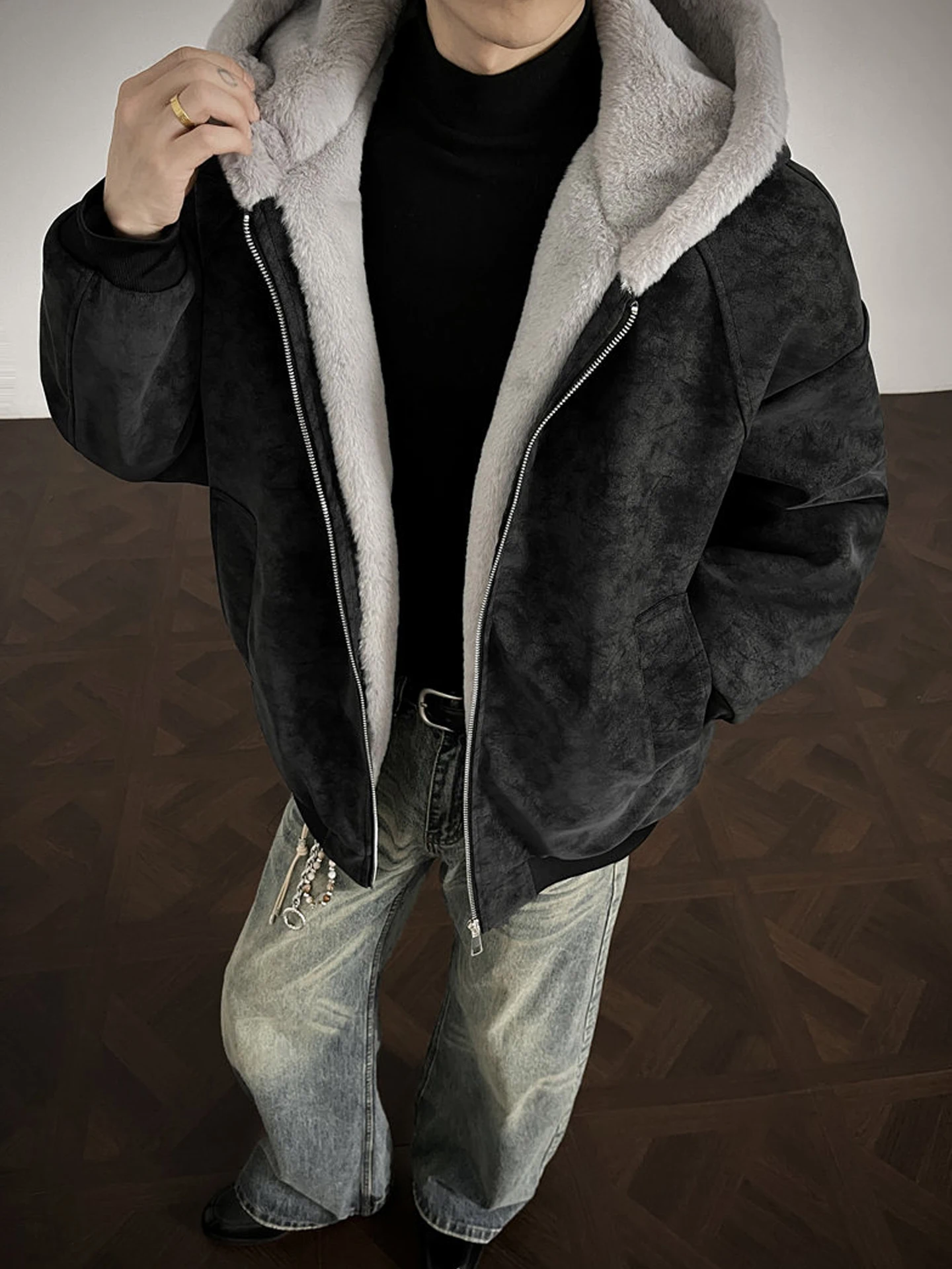 

Утепленная теплая куртка из искусственной кожи с капюшоном из искусственного кроличьего меха, мужская зимняя куртка с хлопковым наполнителем, Cleanfit Sle