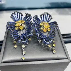 Bilincolor Luxury Big Royal Blue Flower Earring for Women Wedding Party Gift