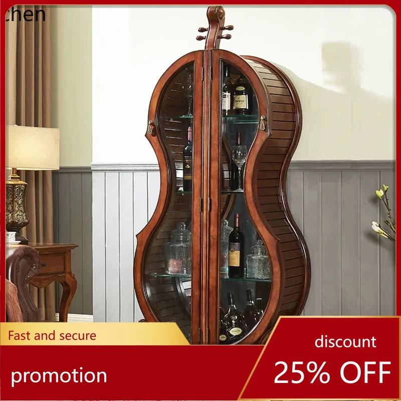 

ZML violin wine cabinet solid wood carving flower living room home glass door retro large capacity locker