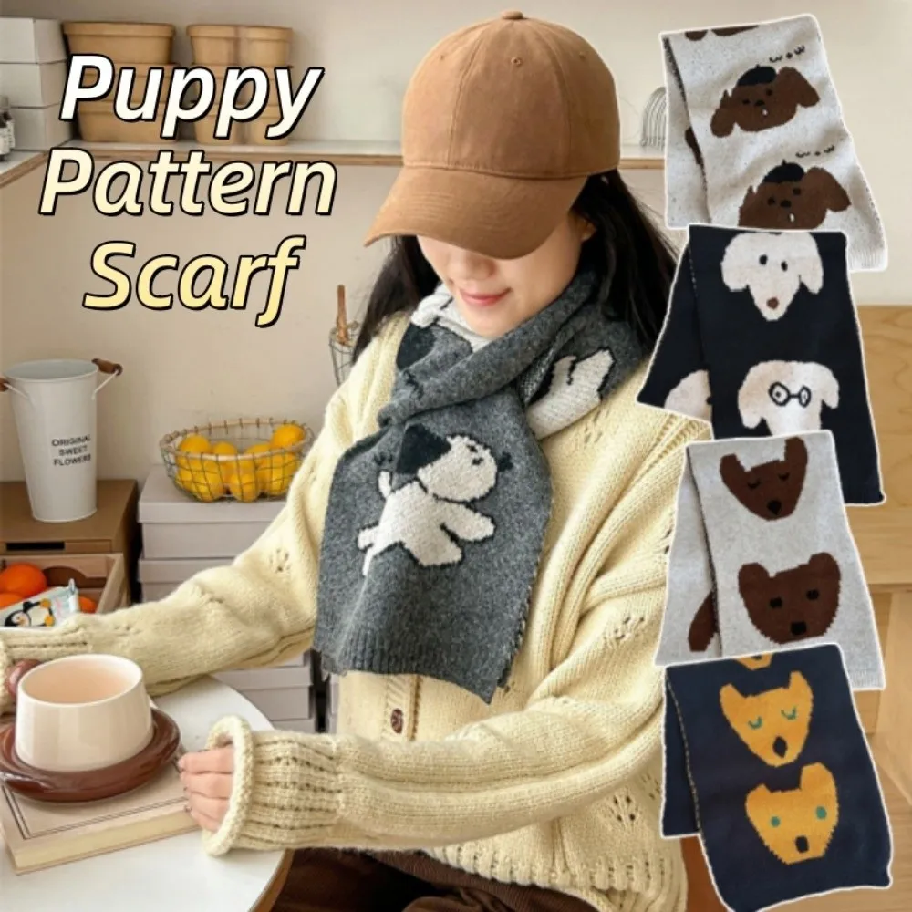 

Trendy Lightweight Puppy Pattern Scarf Windproof Warm Cashmere Blend Scarf Cute Korean Style Knitted Shawl Women/Men