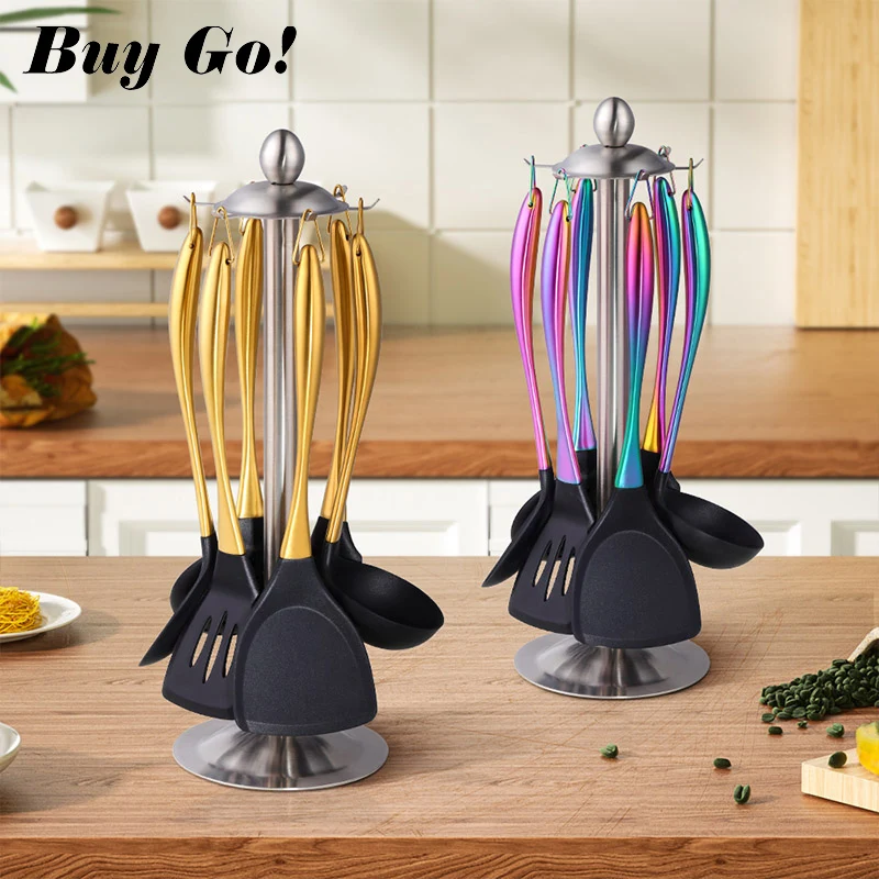 1-7PCS Silicone Head Kitchenware Stainless Steel Handle Soup Ladle Colander Cooking Set Turner Serving Spoon Kitchen Tool