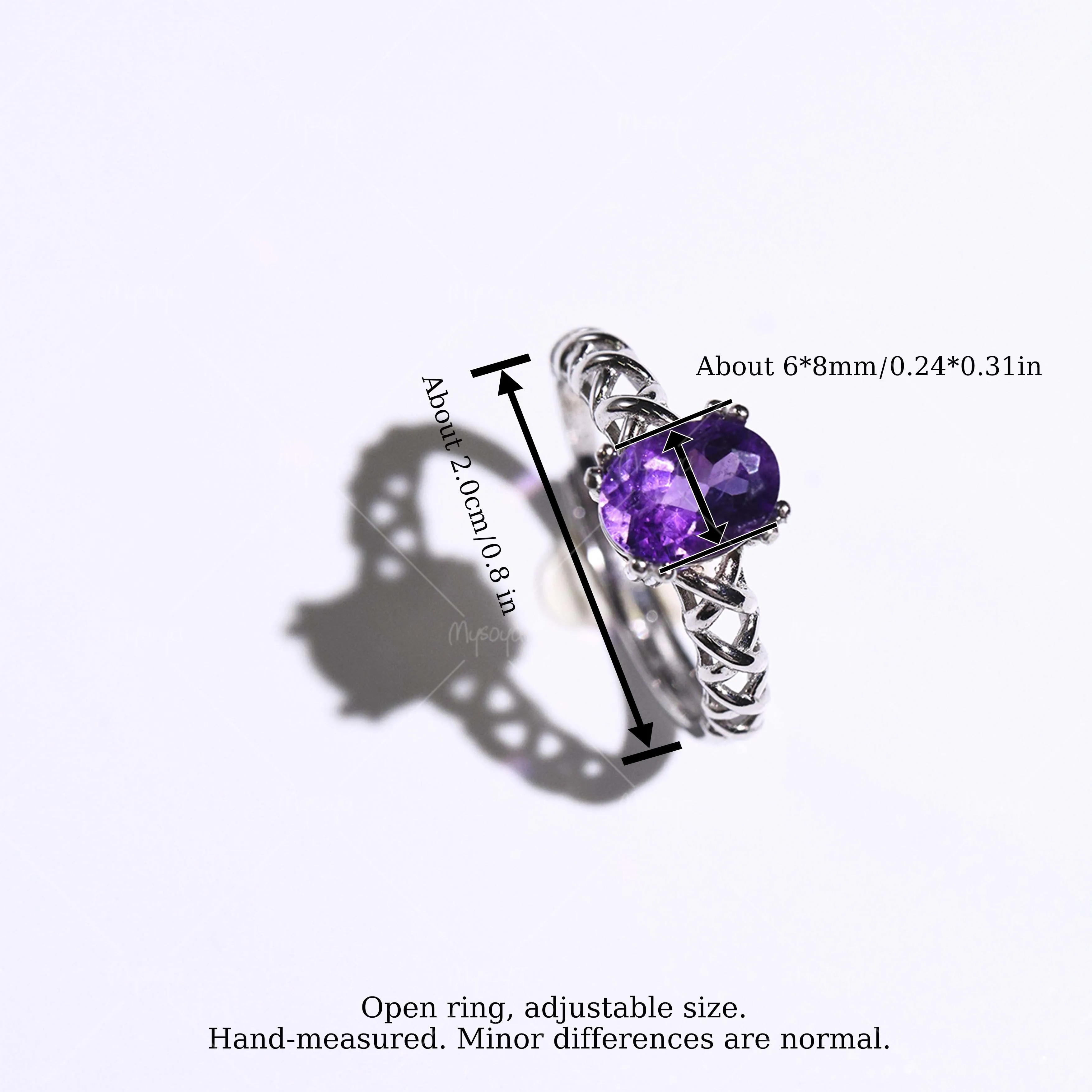MYSOYA Hollow Ring with Natural Amethyst, 6×8mm Amethyst 1.35ct, Gift Box Included, February Birthstone SC07