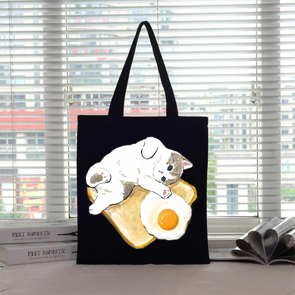 لطيف القط مطبوعة حقيبة قماش قنب حمل حقيبة Harajuku حقيبة كتف حقيبة يد حقيبة تسوق المرأة لطيف هريرة تحت عنوان صديقة للبيئة حقيبة يد #3