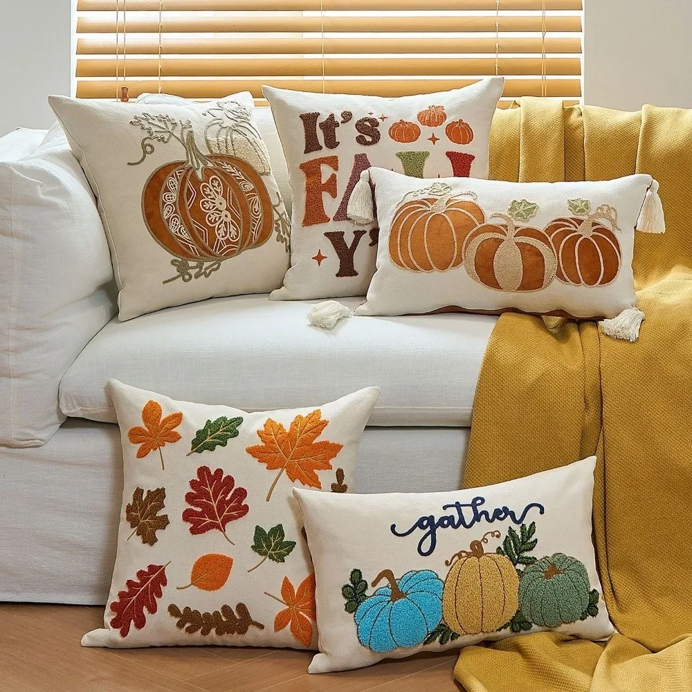 New Pumpkin Tufted Autumn Pillowcase Maple Leaves Soft Cushion Cover Rustic Style Halloween Throw Pillow Cover Fall Decor