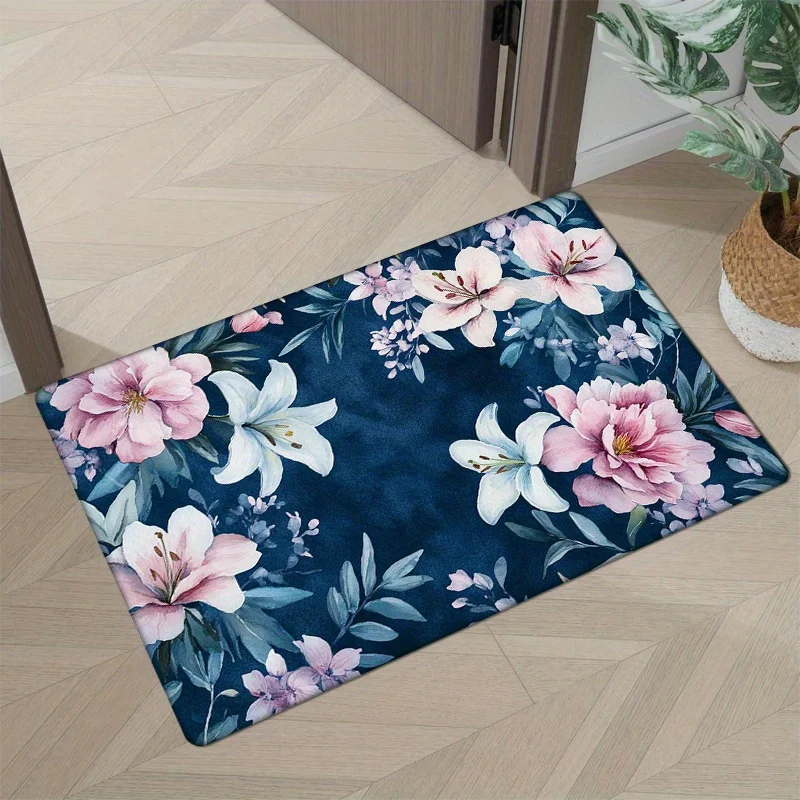 1pc Navy blue floral pattern doormat, made of polyester fabric, machine washable, suitable for bedroom and living room décor.