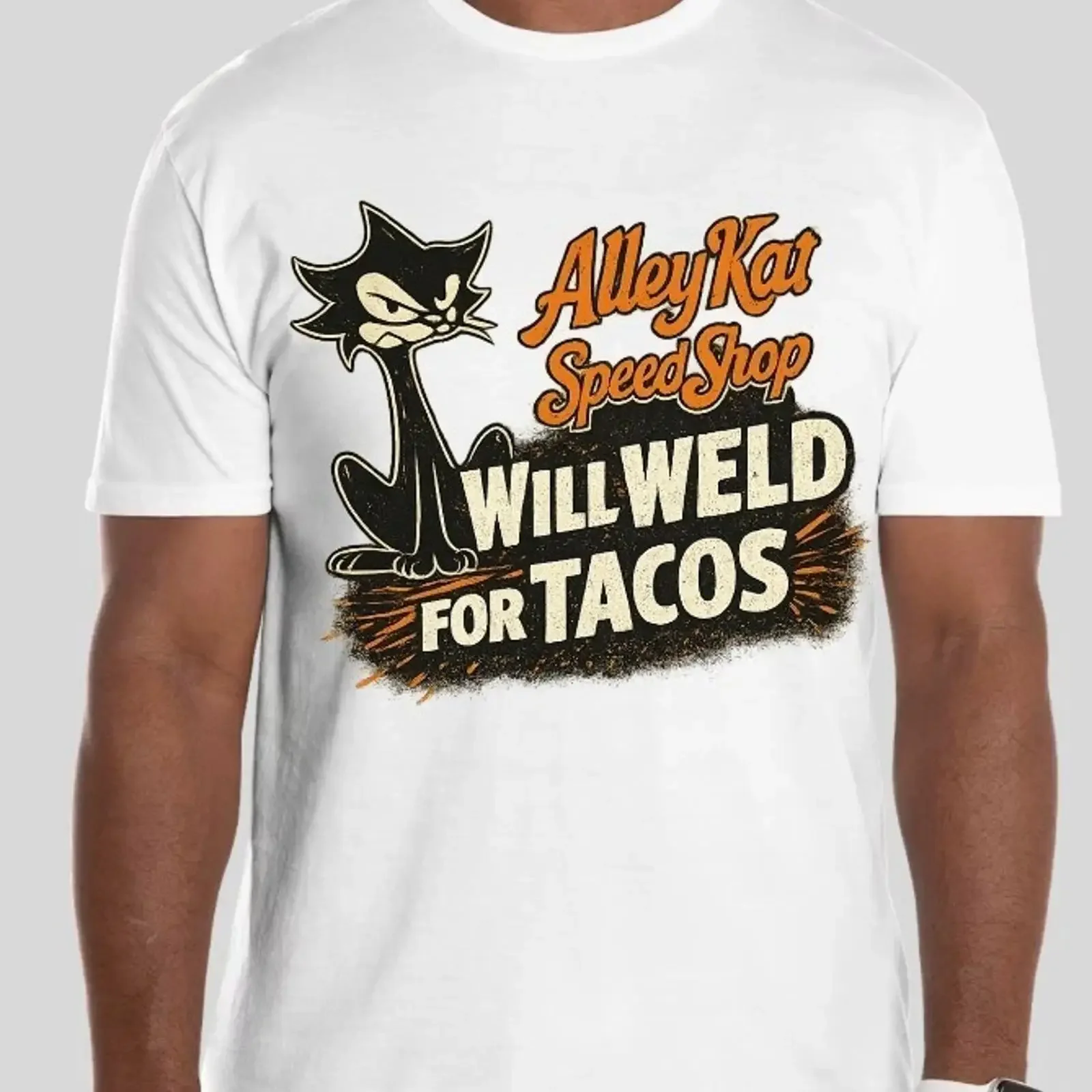 Will Weld For Tacos Alleykat Speed Shop T Shirt hotrod ratrod custom cars vintage Washed graphic Comfortable Casual Slightly