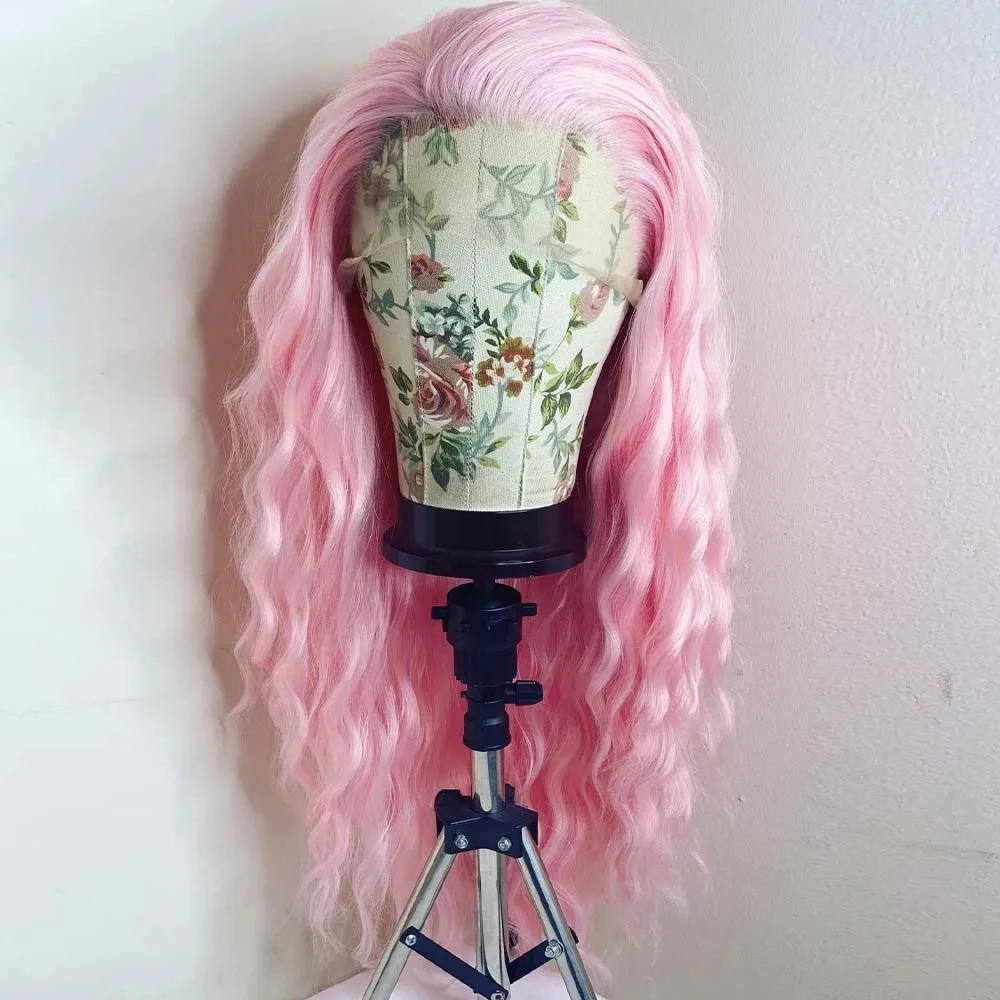 MXWIGS-Onda Profunda Sintética Lace Front Perucas, Cor Rosa, Parte Livre, Linha Fina Natural, Longas Onduladas Perucas, Uso Diário