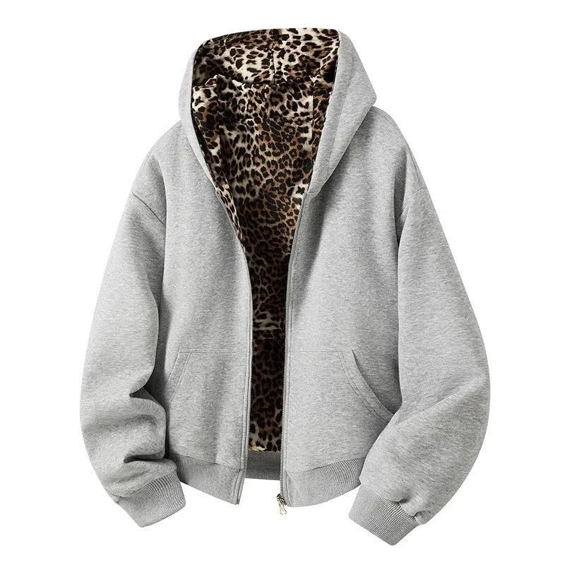 

Unisex New Design Leopard Print Double-sided Wear Mens Hoodies Hooded Lager Pockets Zipper Reversible Contrast Color Male Jacket