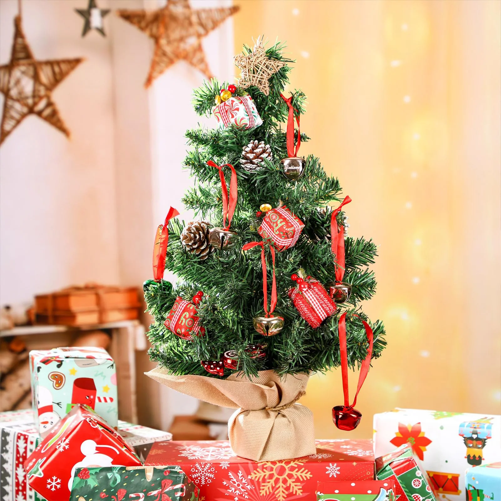 20cm Mini Artificial Christmas Tree Desktop Fake Pine DIY Small Desktop Decorative Holiday Party Xmas Tree Ornaments