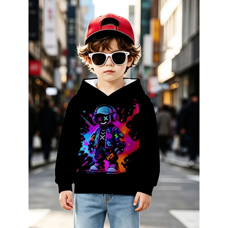 Toddler Boys Robot Vehicle Number Pattern Hoodie Pullover Long Sleeve Daily Kids Clothing for Outdoor Birthday Gift