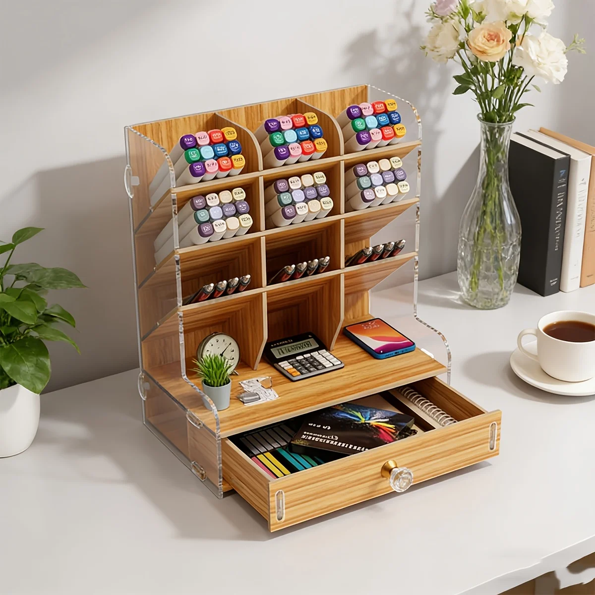 Wooden Desk Organizer with Drawer, Multi-Compartment Marker Holder for Office & Art Supplies view 4