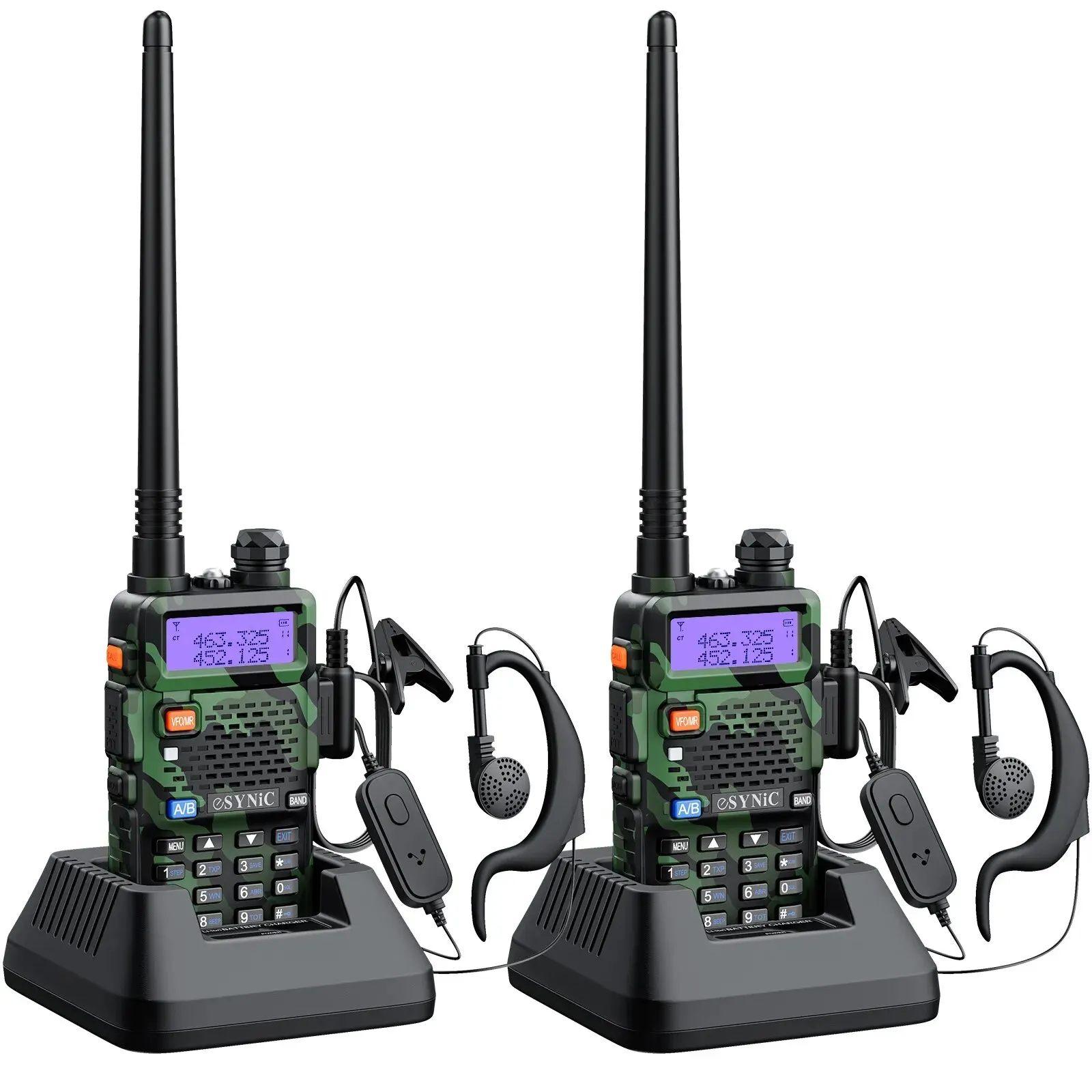 ESYNiC 2Pcs UV-5R Walkie Talkie Set Two Way Radio Dual Band UHF VHF Radio With Earpiece 128 Channels Built In LED Flashlight