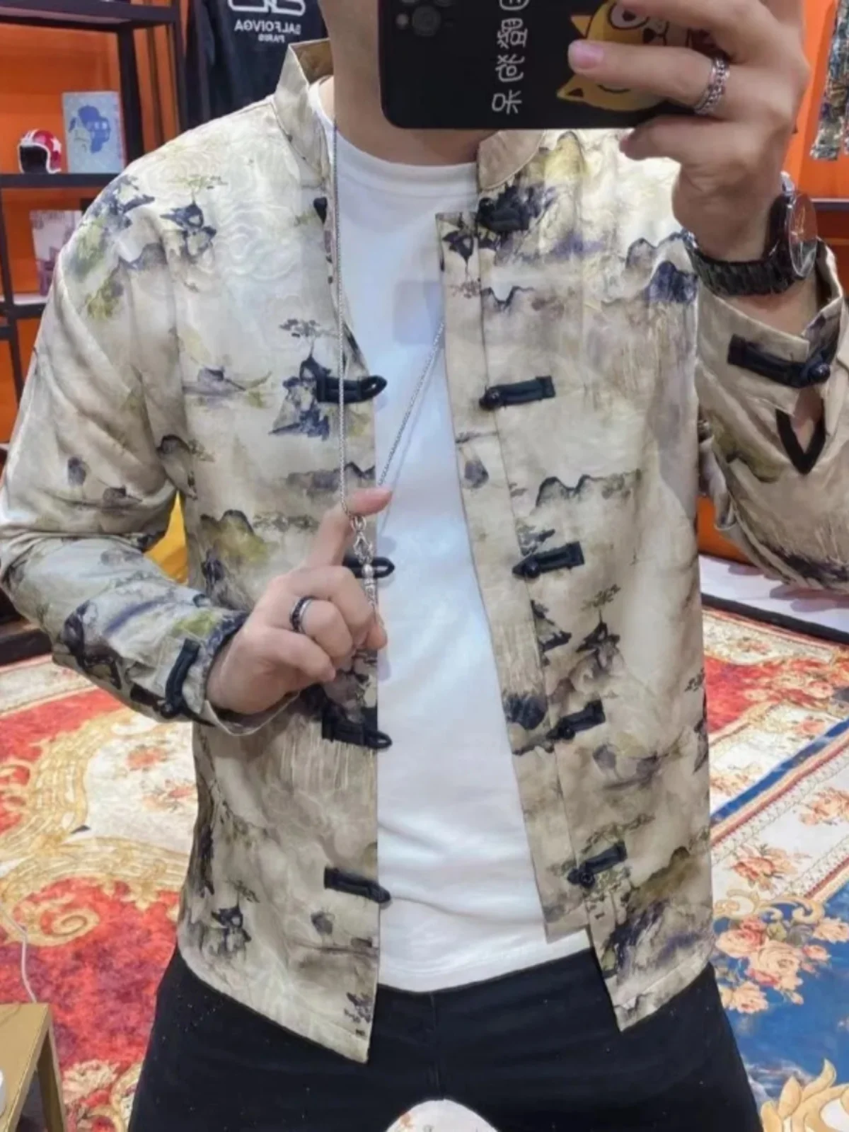 

Men's Faionable Floral Print Stand Collar Casual Jaet Autumn Winter Retro Trendy Long Sve Coats Outerwear Single Button