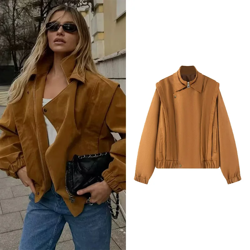 

Женская куртка HipSeam, модный воротник-стойка, карманы на молнии, эластичный подол, женские замшевые винтажные укороченные пальто, женские шикарные топы